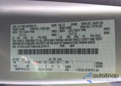 2017 Ford Escape S из США, поврежденный, VIN 1FMCU0F78HUE37511